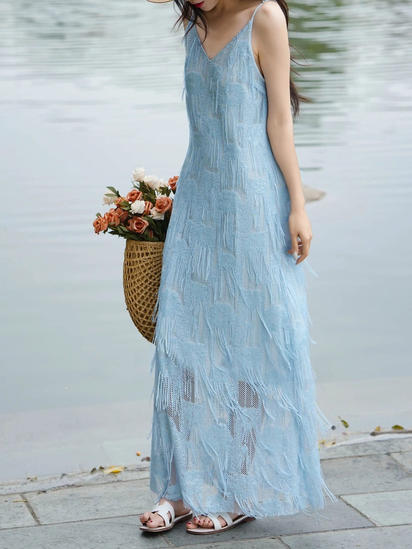 Celeste French Fringe Slip Maxi Dress