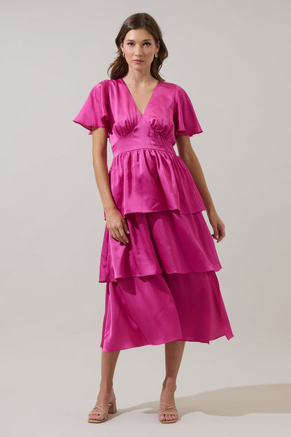 Mendice Satin Tiered Midi Dress