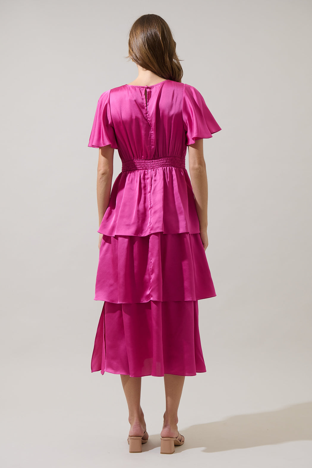 Mendice Satin Tiered Midi Dress