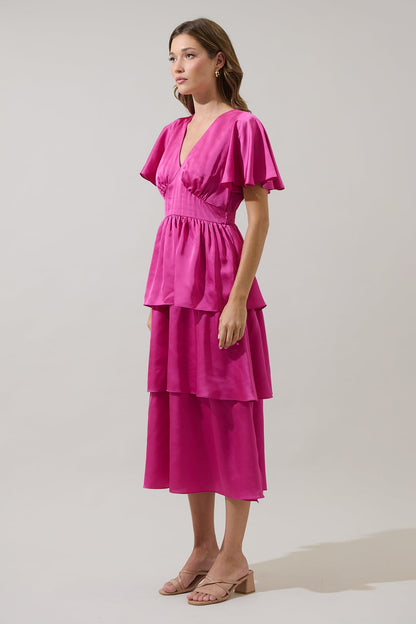 Mendice Satin Tiered Midi Dress