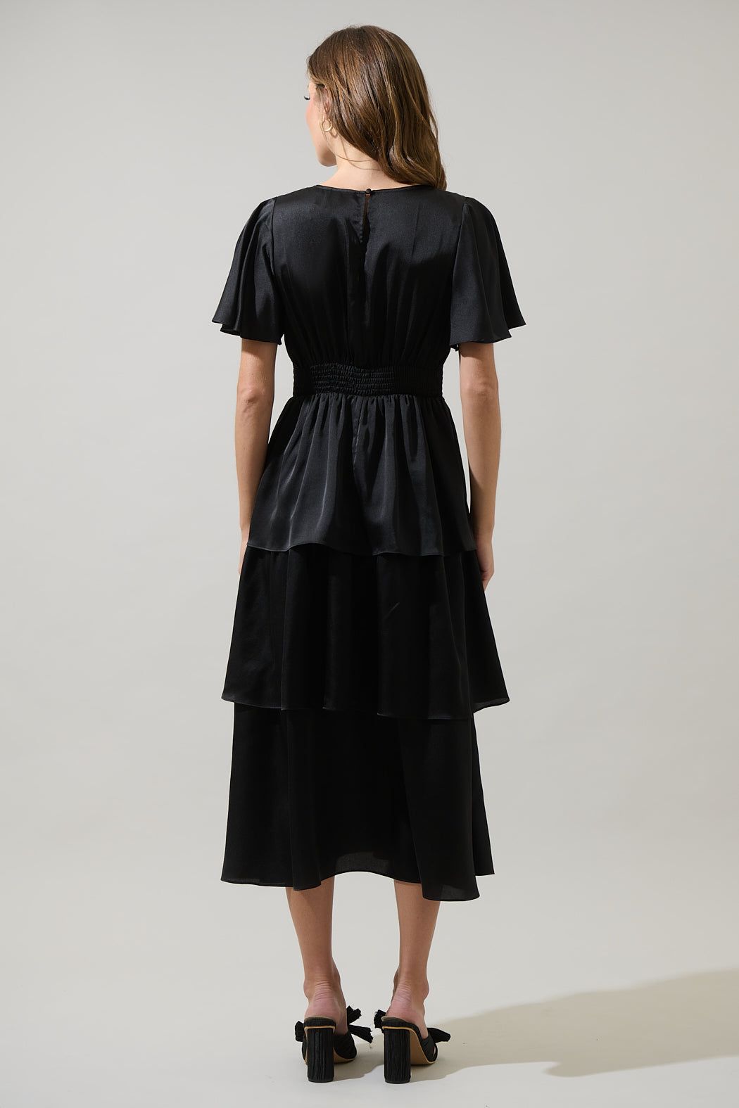 Mendice Satin Tiered Midi Dress