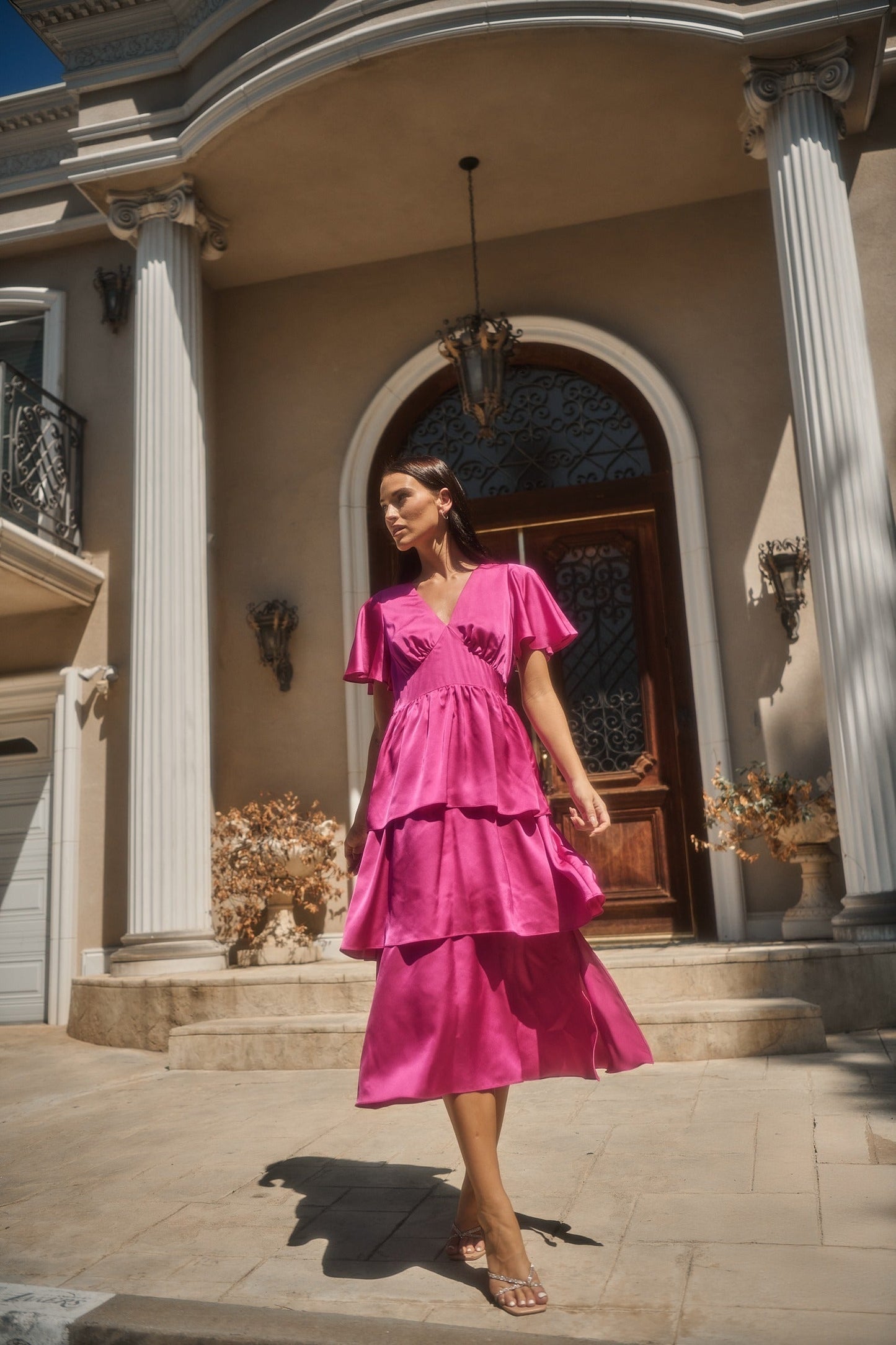 Mendice Satin Tiered Midi Dress