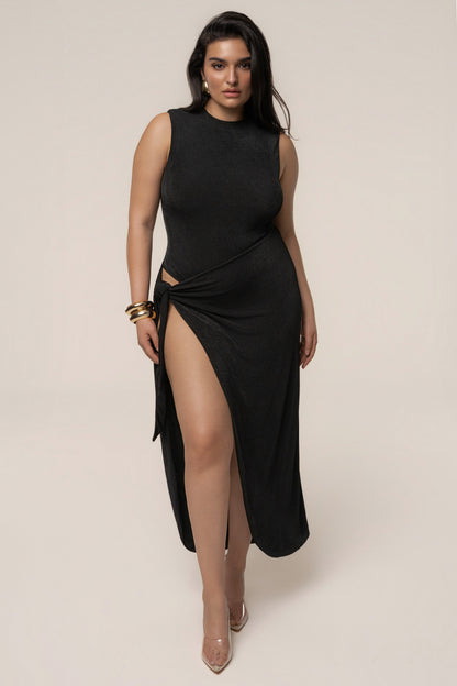 Aubree Satin Midi Dress in Black