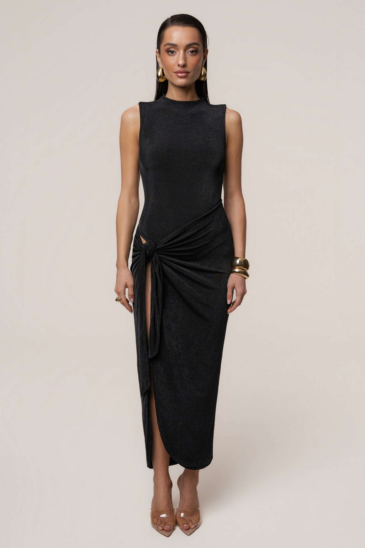 Aubree Satin Midi Dress in Black