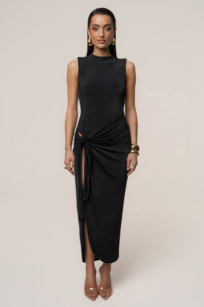 Aubree Satin Midi Dress in Black