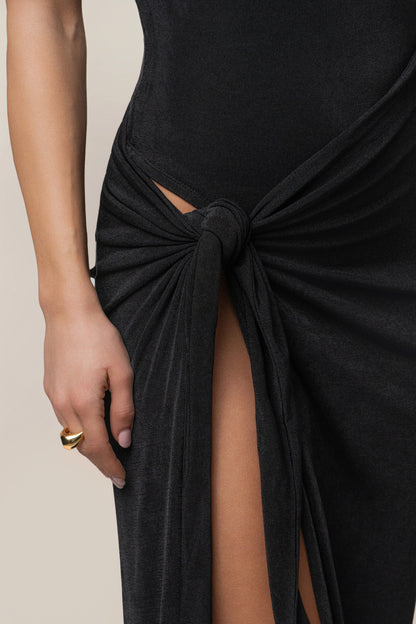 Aubree Satin Midi Dress in Black