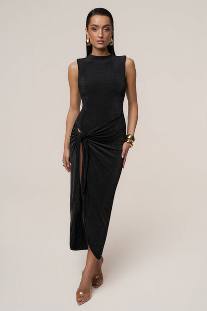 Aubree Satin Midi Dress in Black