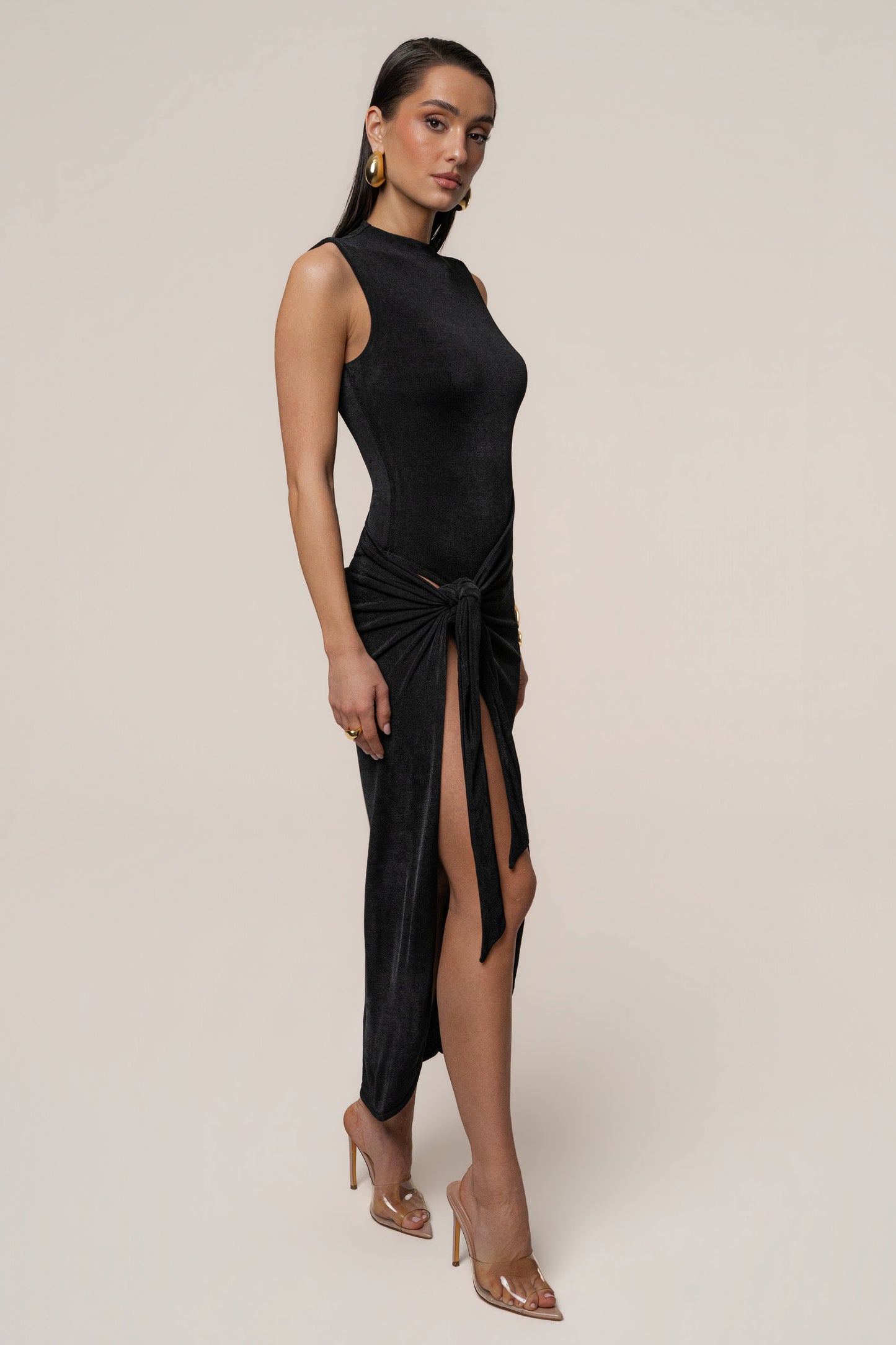 Aubree Satin Midi Dress in Black