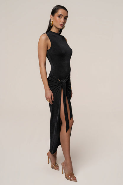 Aubree Satin Midi Dress in Black