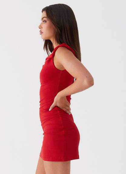 Arabella Twist-Shoulder Mini Dress in Crimson