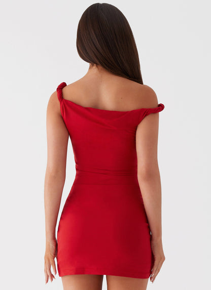 Arabella Twist-Shoulder Mini Dress in Crimson