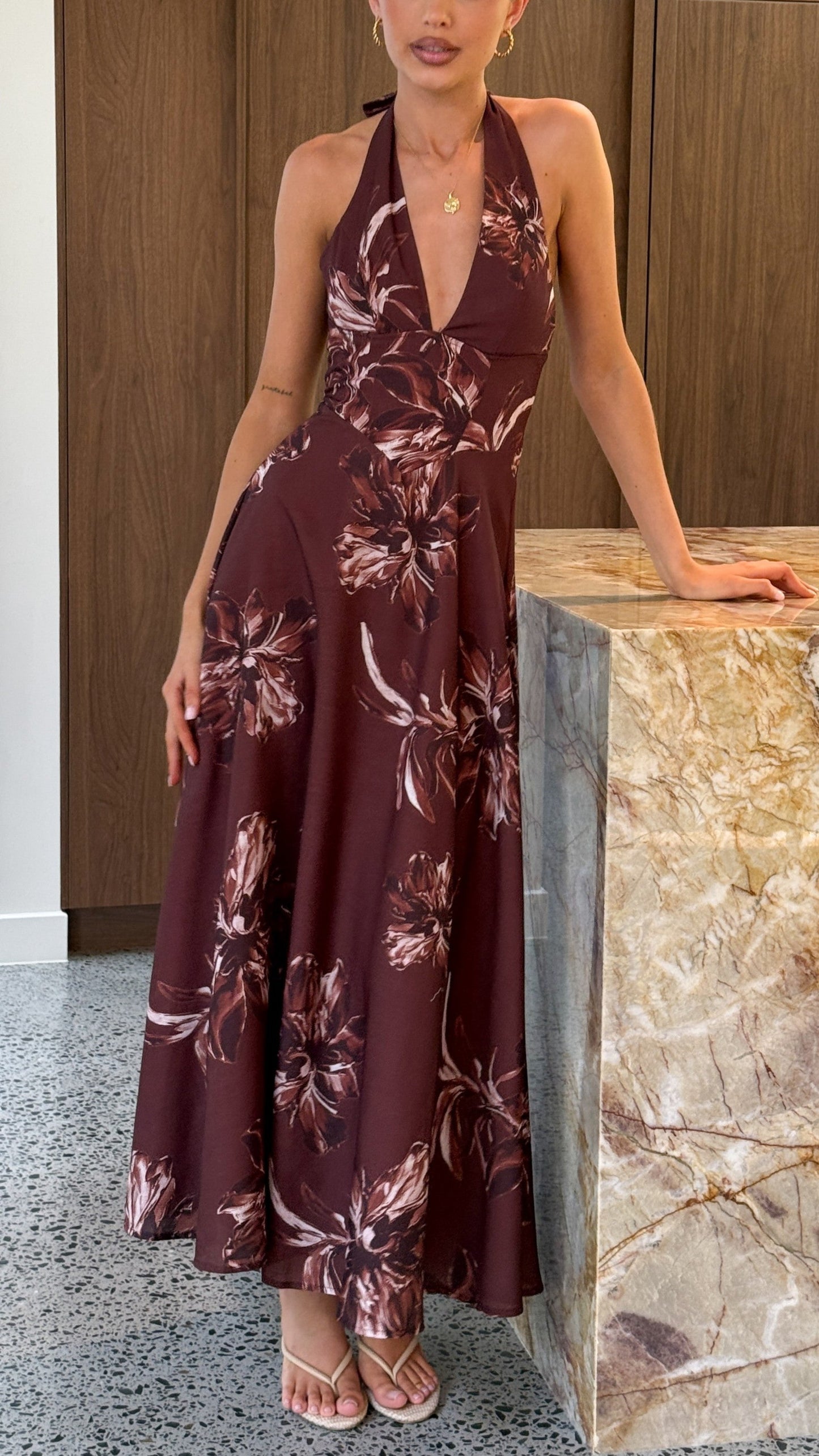 Skye Floral Maxi Dress in Chocolate