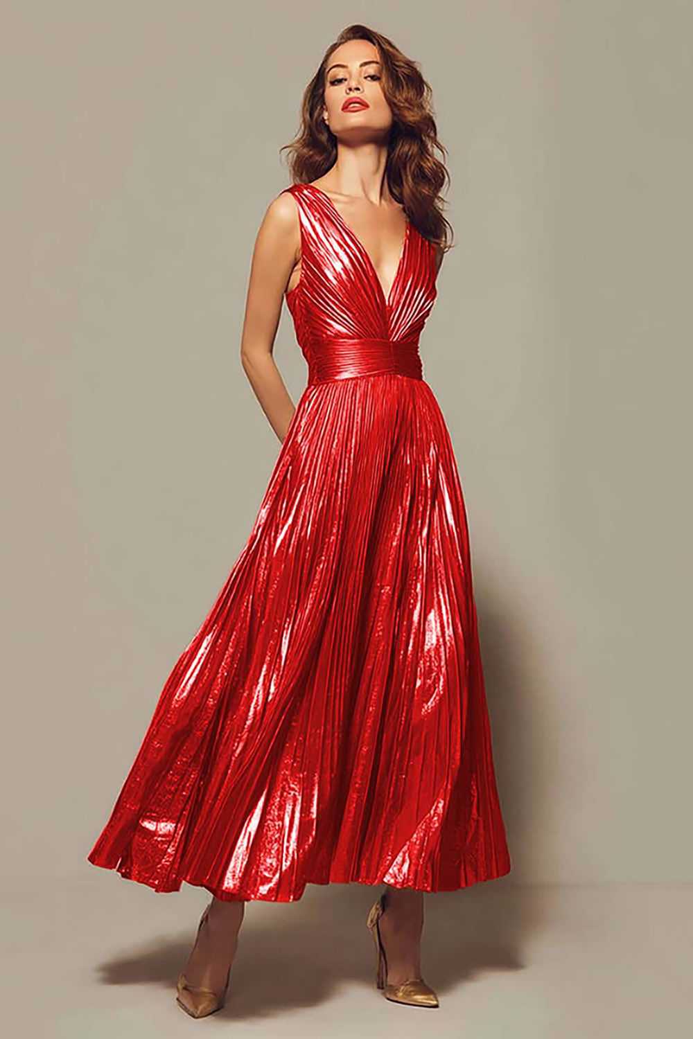 Valentina Gold Metallic Pleated Gown