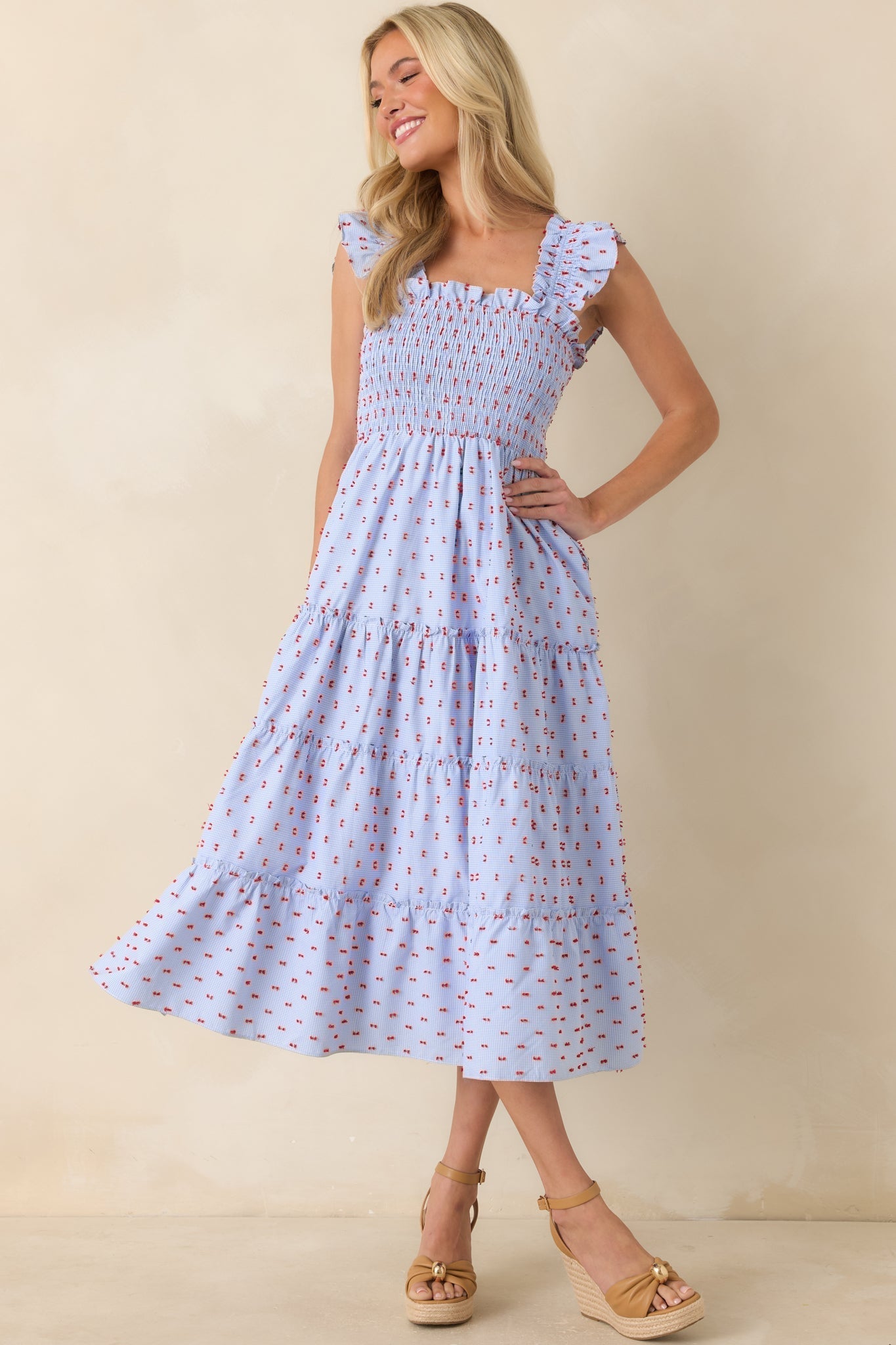 Prosperina Gingham Embroidered Midi Dress