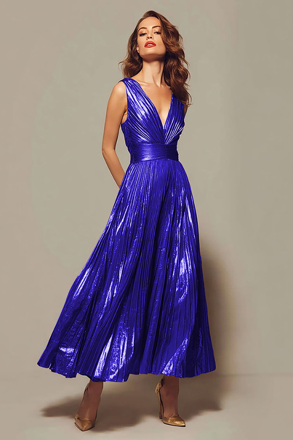 Valentina Gold Metallic Pleated Gown
