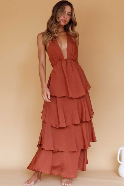 Catalina Tiered Ruffle Maxi Dress in Cocoa