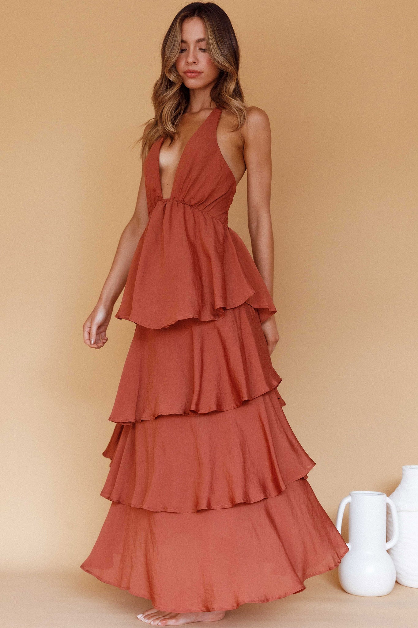 Catalina Tiered Ruffle Maxi Dress in Cocoa