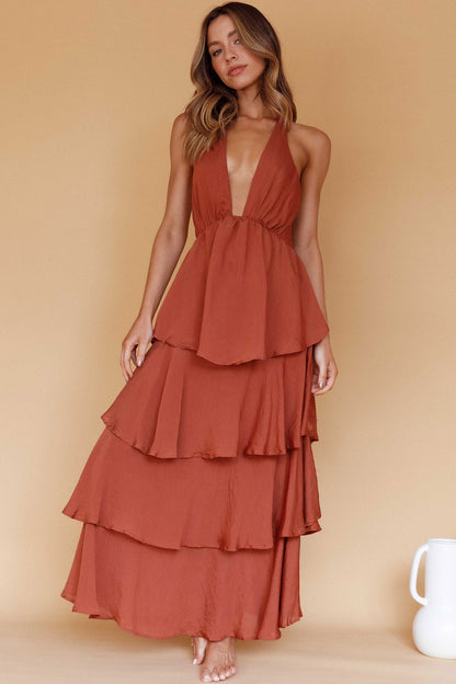 Catalina Tiered Ruffle Maxi Dress in Cocoa