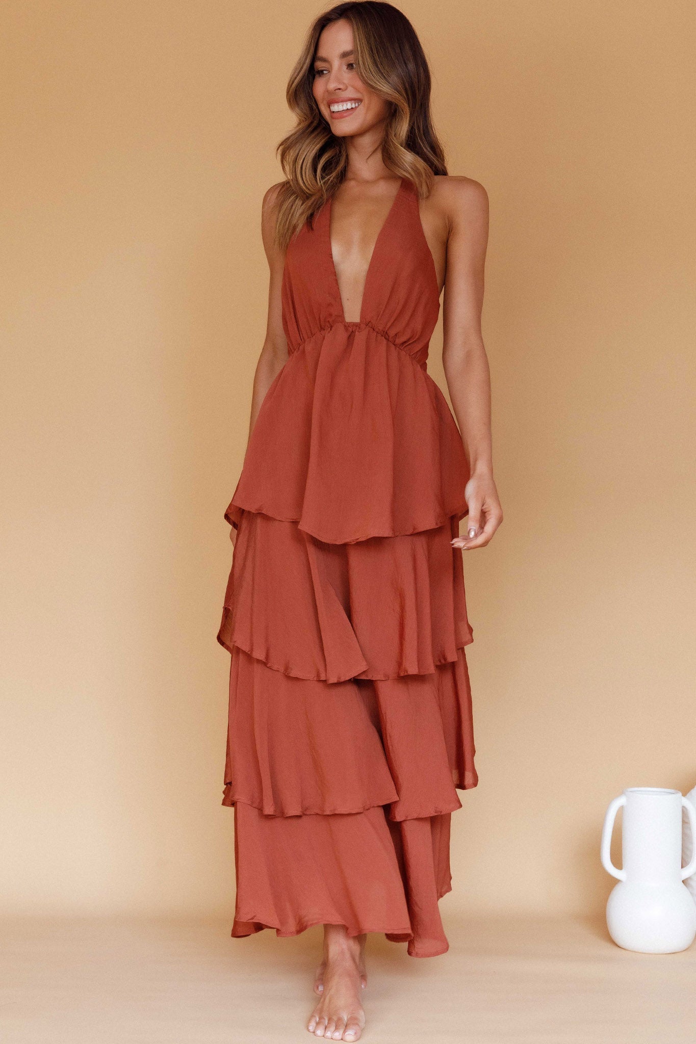 Catalina Tiered Ruffle Maxi Dress in Cocoa