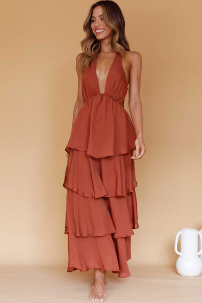 Catalina Tiered Ruffle Maxi Dress in Cocoa