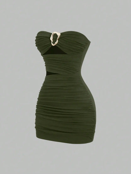 Margot Ruched Mini Dress in Army Green