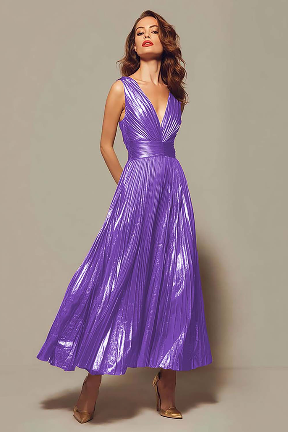 Valentina Gold Metallic Pleated Gown
