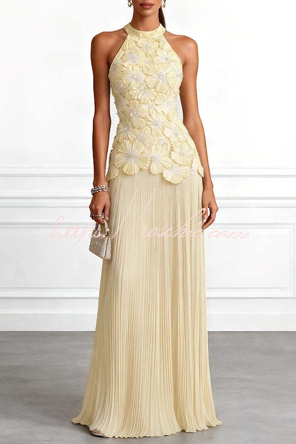 Emilie 3D Floral Embroidered Halter Maxi Dress