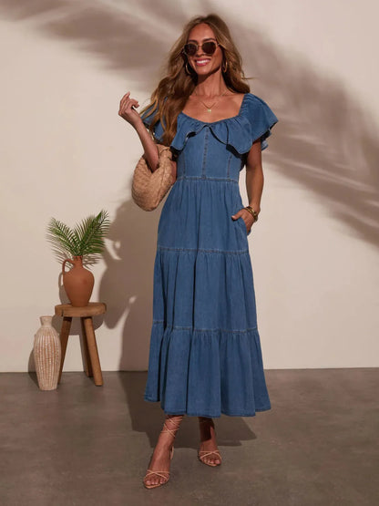 Margot Off-Shoulder Tiered Denim Dress