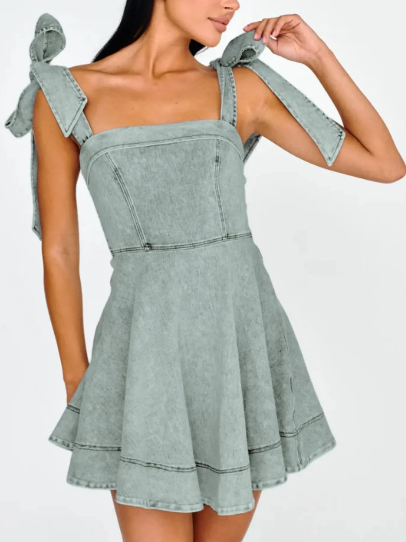 Rosalie Bow-Shoulder Denim Mini Dress