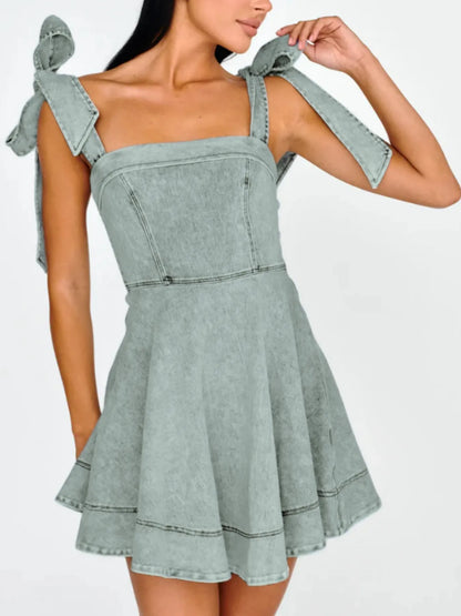 Rosalie Bow-Shoulder Denim Mini Dress