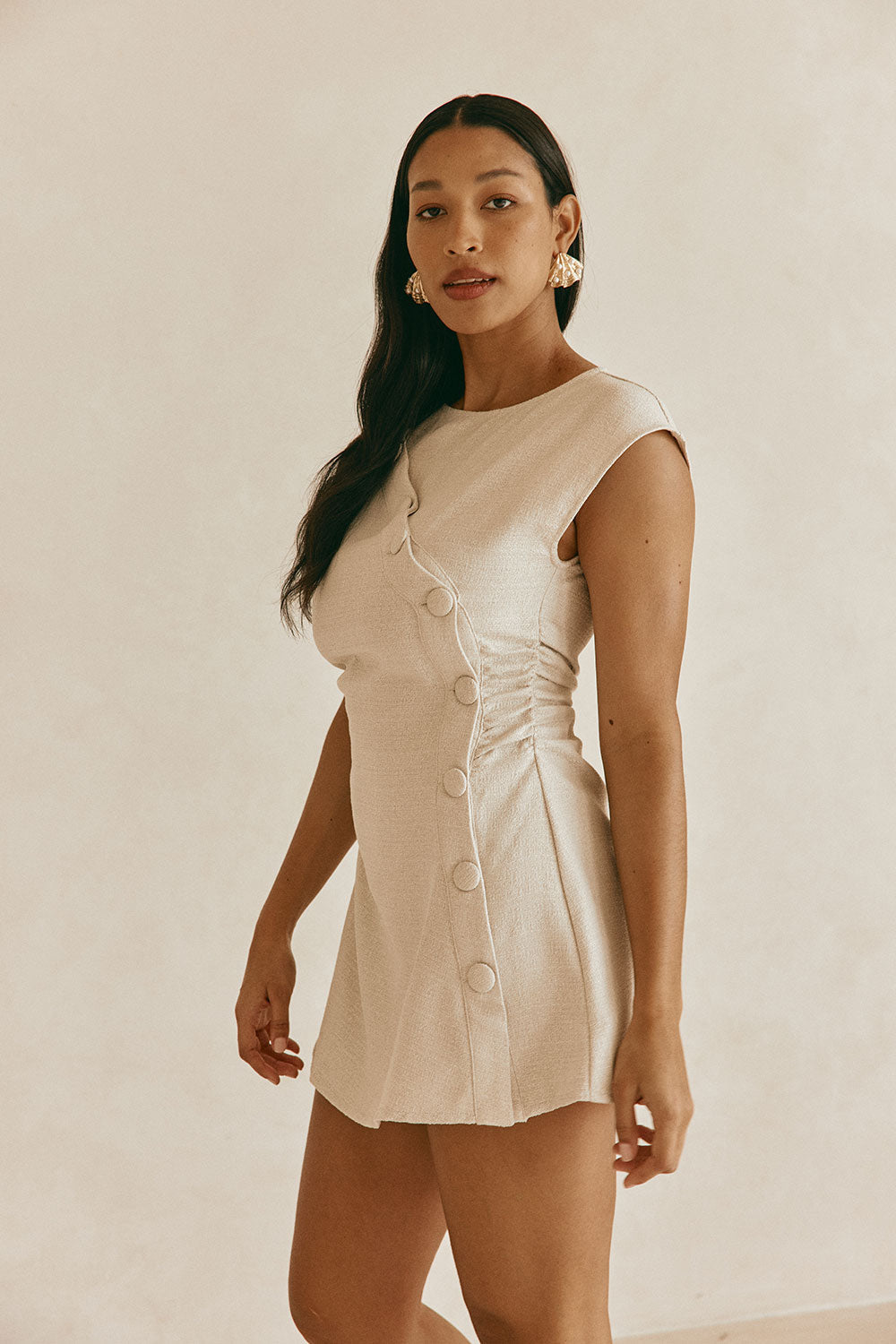 Leighton Button Flared Mini Dress in Beige