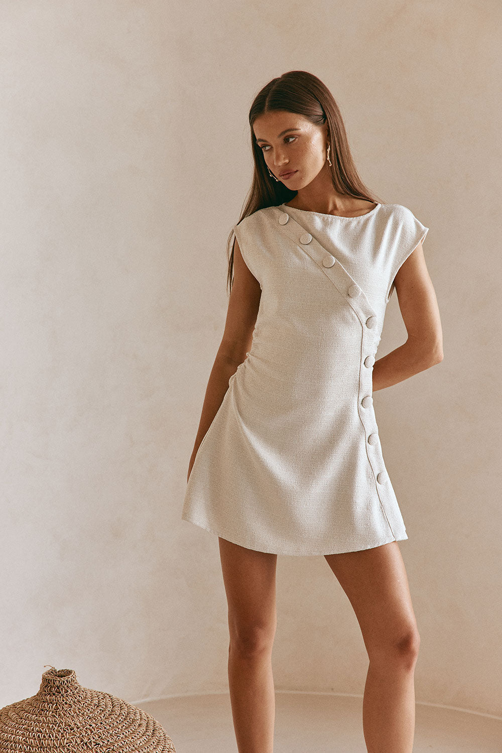 Leighton Button Flared Mini Dress in Beige