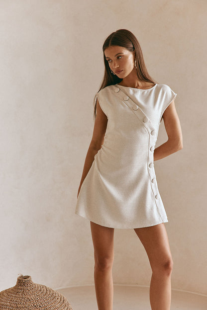 Leighton Button Flared Mini Dress in Beige