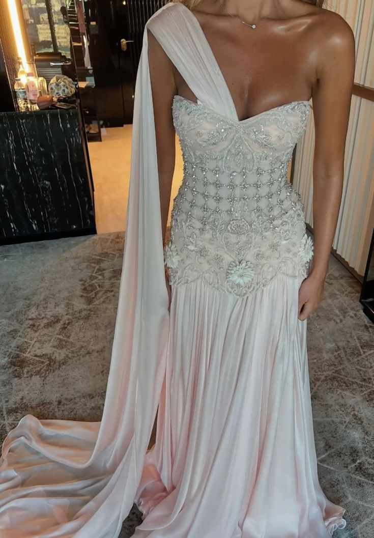 Valentina Beaded Chiffon One-Shoulder Gown