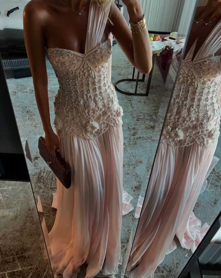 Valentina Beaded Chiffon One-Shoulder Gown