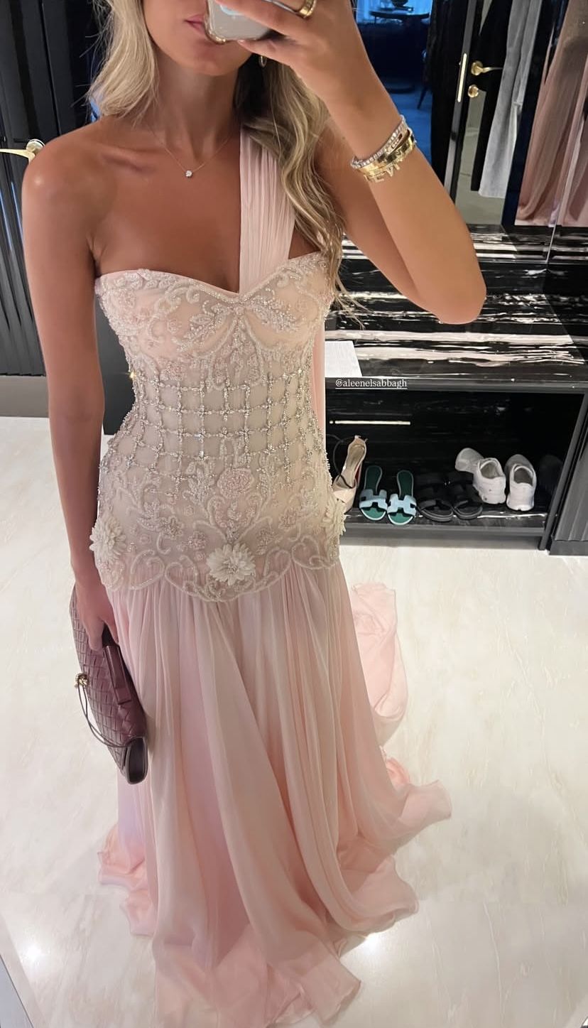 Valentina Beaded Chiffon One-Shoulder Gown
