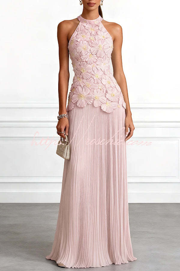 Emilie 3D Floral Embroidered Halter Maxi Dress