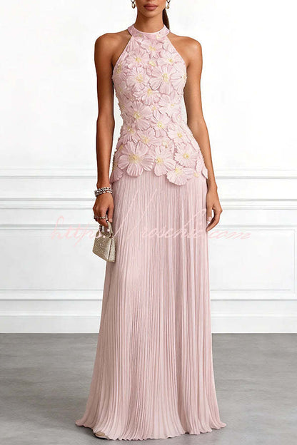 Emilie 3D Floral Embroidered Halter Maxi Dress