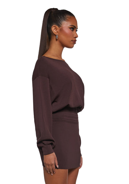 Arabella Luxe Mini Dress in Chocolate