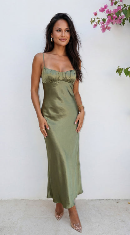 Olivienne Satin Maxi Dress in Sage