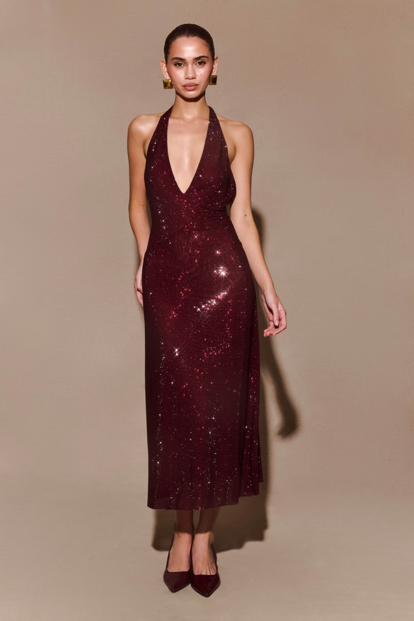 MIDNIGHT BORDEAUX HALTER MAXI DRESS