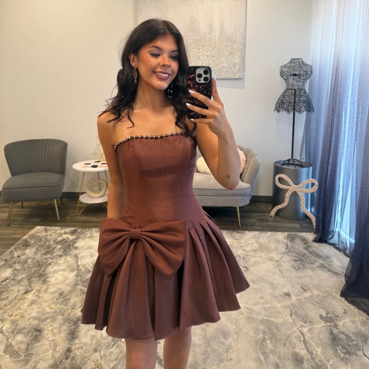 Arabella Strapless Mini Dress in Chocolate